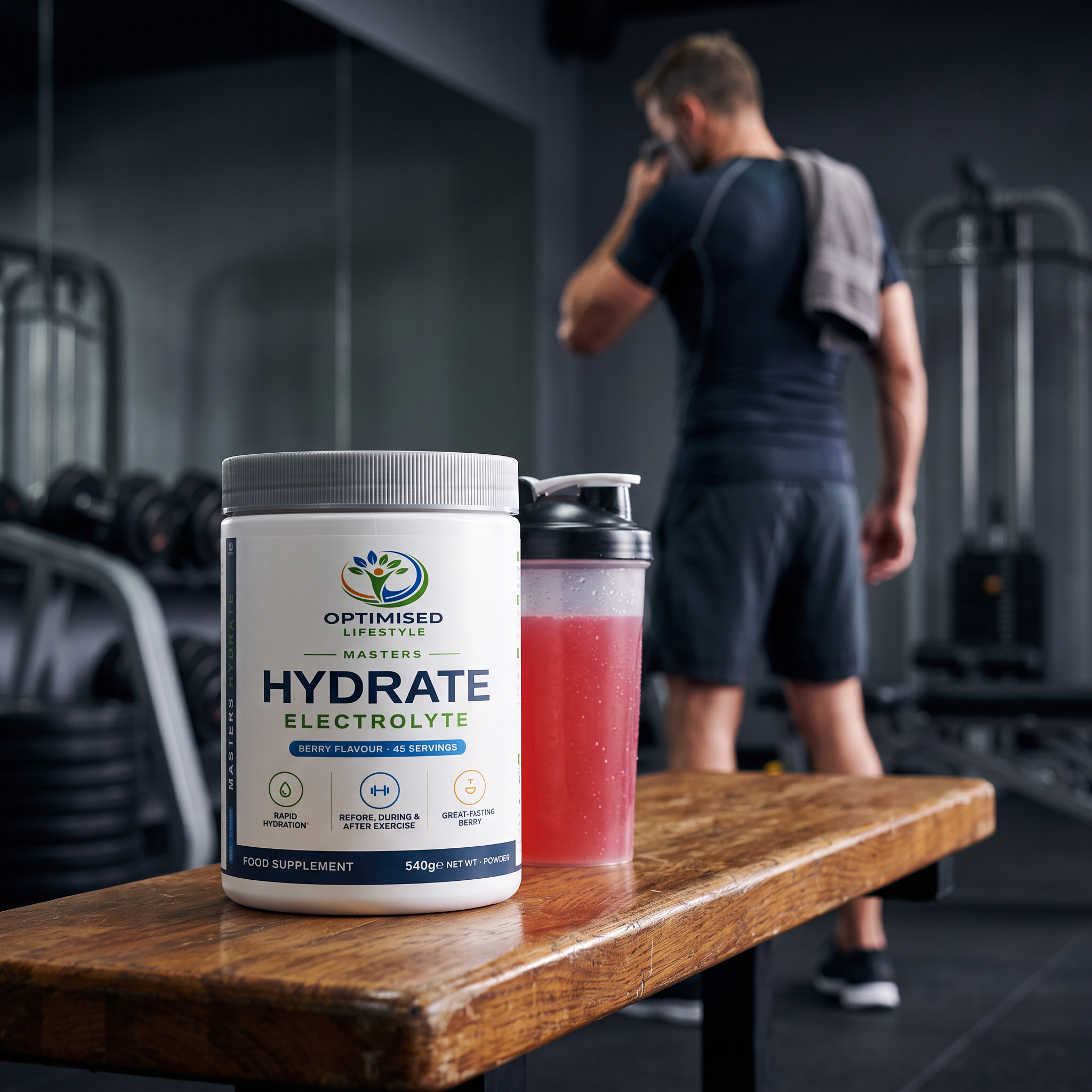 Masters Hydrate electrolyte powder tub on a gym bench with a shaker of berry drink, athlete training in the background