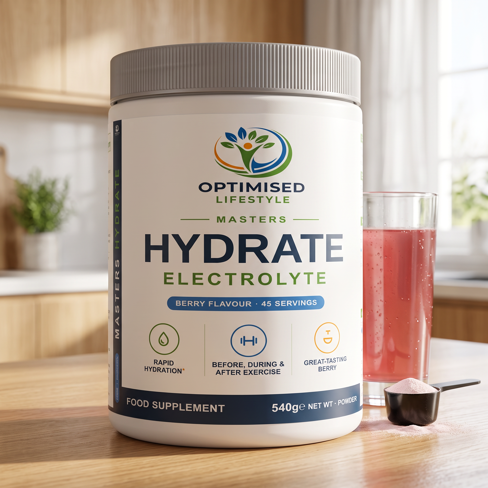 Masters Hydrate electrolyte powder tub on a kitchen worktop with a glass of mixed berry electrolyte drink and scoop