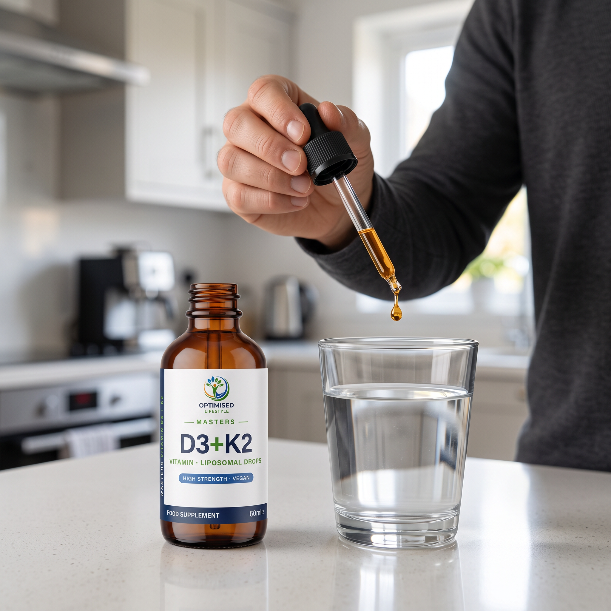 Dosing Masters Vitamin D3 + K2 liposomal drops from the pipette into a glass of water