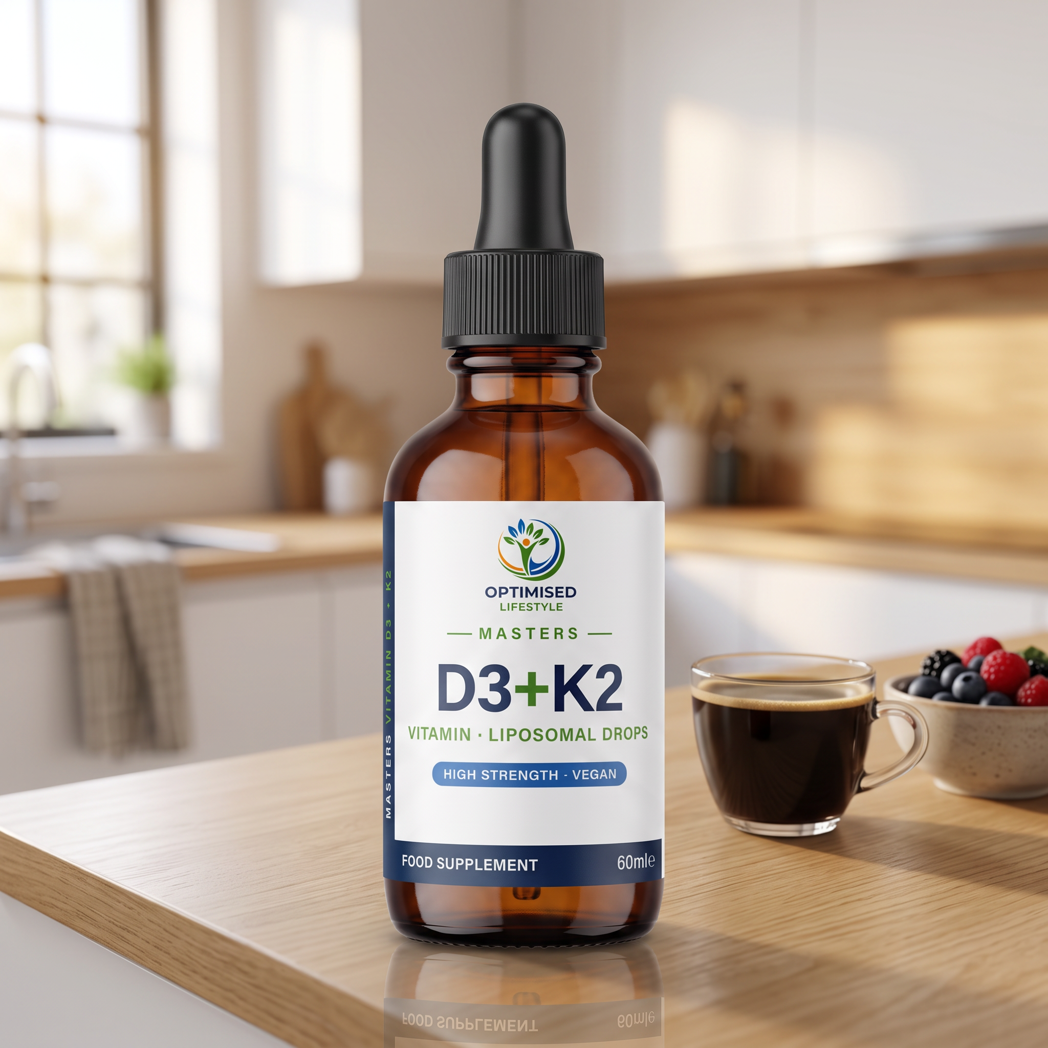 Masters Vitamin D3 + K2 liposomal drops bottle on a kitchen worktop with morning coffee and berries