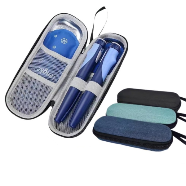 Op Life peptide cooler bag open showing two injector pens, gel pack and colour options black teal navy