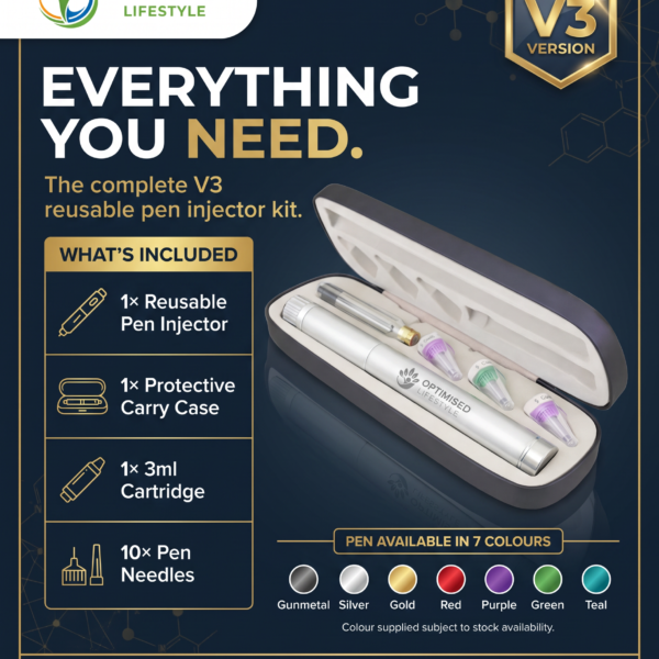 Peptide pen injector kit UK — reusable pen, case, 3ml cartridge and 10 pen needles, V3 version